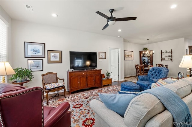 6267 Courage Trl, Chesterfield, VA 23832 - living area featuring a chandelier, a ceiling fan, recessed lighting, and light wood-style floors