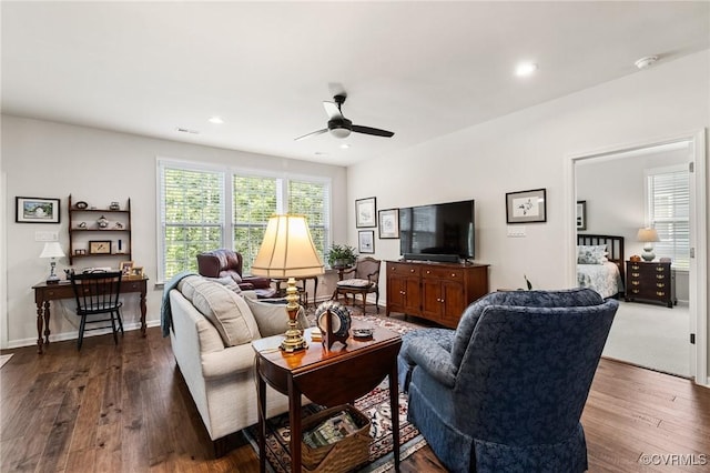 6267 Courage Trl, Chesterfield, VA 23832 - living room featuring a ceiling fan, dark wood-style floors, and recessed lighting