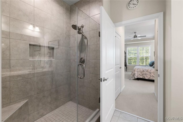 6267 Courage Trl, Chesterfield, VA 23832 - full bath with ensuite bathroom, a stall shower, a ceiling fan, and tile patterned floors