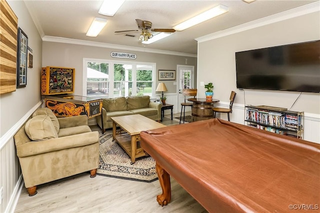 5618 Buxton Ct, Chester, VA 23831 - living area featuring ornamental molding, light wood finished floors, ceiling fan, billiards, and a wainscoted wall