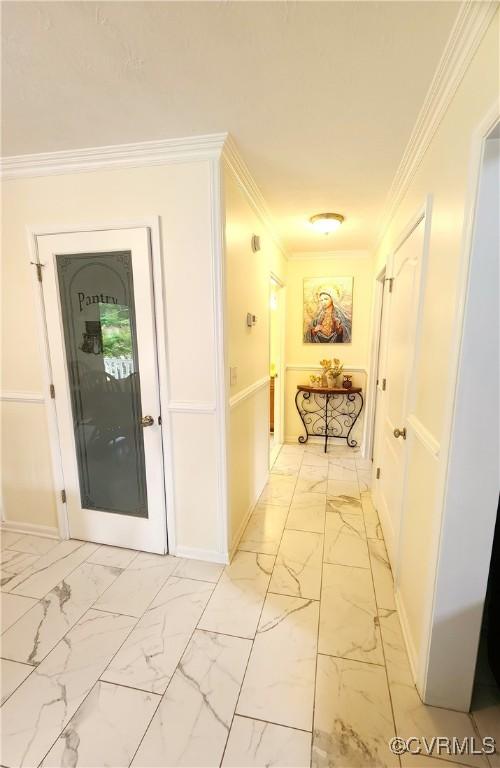 1932 Howardsville Tpke, Stuarts Draft, VA 24477 - hallway featuring light marble finish flooring and crown molding