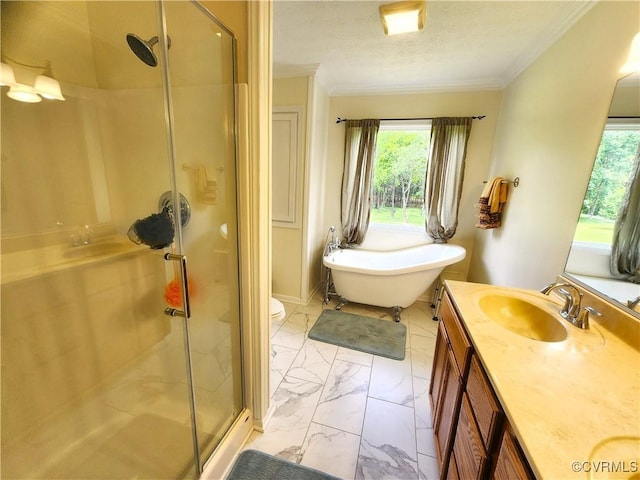 1932 Howardsville Tpke, Stuarts Draft, VA 24477 - bathroom with marble finish flooring, a shower stall, vanity, ornamental molding, and a textured ceiling