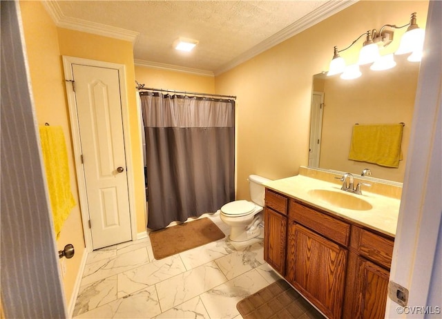 1932 Howardsville Tpke, Stuarts Draft, VA 24477 - full bath with marble finish floors, vanity, curtained shower, a textured ceiling, and crown molding