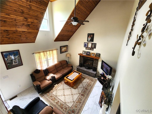 1932 Howardsville Tpke, Stuarts Draft, VA 24477 - living room with marble finish floors, wooden ceiling, high vaulted ceiling, healthy amount of natural light, and a fireplace