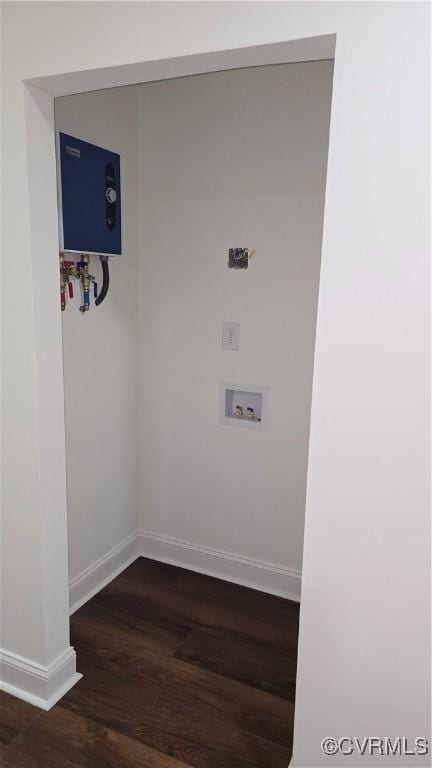 8057 Hermitage Rd, Henrico, VA 23228 - laundry area featuring dark wood-style flooring, water heater, and hookup for a washing machine