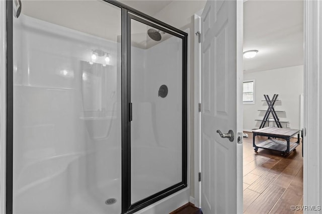 3391 Rock Creek Villa Dr, Quinton, VA 23141 - bathroom featuring a shower stall and wood finished floors
