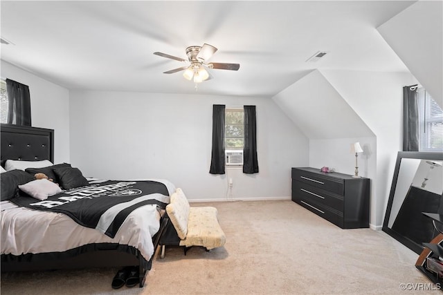 24716 Woodstream Ln, North Dinwiddie, VA 23803 - bedroom featuring light carpet, a ceiling fan, lofted ceiling, and cooling unit