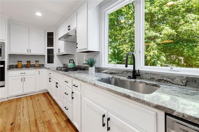 2712 Creek Edge, Powhatan, VA 23139 - kitchen featuring appliances with stainless steel finishes, under cabinet range hood, light wood-style flooring, white cabinets, and light stone countertops