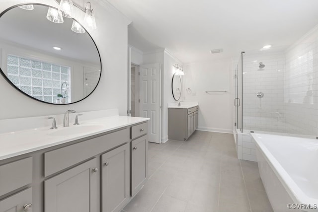 13518 Kelham Rd, Midlothian, VA 23113 - bathroom with a stall shower, two vanities, a tub to relax in, tile patterned flooring, and ornamental molding