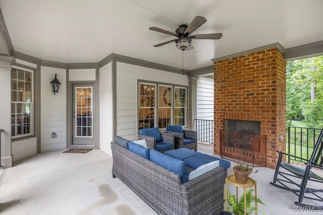 13518 Kelham Rd, Midlothian, VA 23113 - view of patio featuring a ceiling fan and an outdoor living space with a fireplace