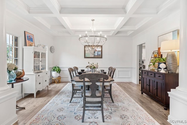 13518 Kelham Rd, Midlothian, VA 23113 - dining space with a chandelier, beamed ceiling, coffered ceiling, light wood-style floors, and crown molding