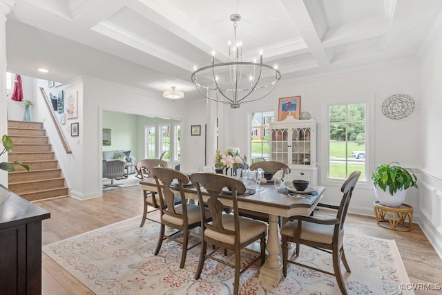 13518 Kelham Rd, Midlothian, VA 23113 - dining room with coffered ceiling, healthy amount of natural light, stairs, light wood-style flooring, and beamed ceiling