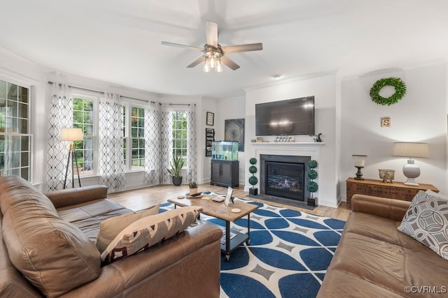 13518 Kelham Rd, Midlothian, VA 23113 - living area with ornamental molding, ceiling fan, a fireplace with flush hearth, and wood finished floors