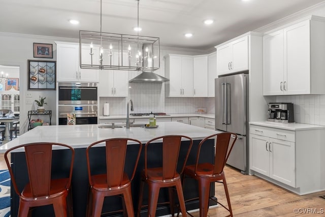 13518 Kelham Rd, Midlothian, VA 23113 - kitchen featuring stainless steel appliances, crown molding, decorative backsplash, light countertops, and white cabinetry