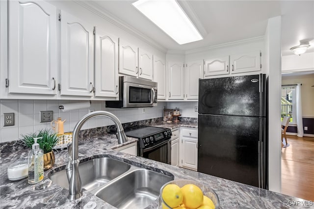 1424 Laurel Top Dr, Midlothian, VA 23114 - kitchen featuring black appliances, white cabinets, tasteful backsplash, and ornamental molding