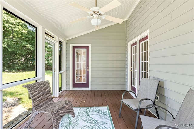 1424 Laurel Top Dr, Midlothian, VA 23114 - unfurnished sunroom with vaulted ceiling, a ceiling fan, and french doors