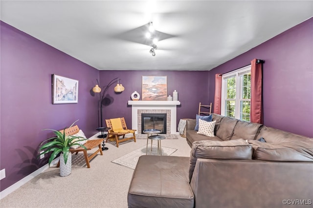 1424 Laurel Top Dr, Midlothian, VA 23114 - carpeted living area featuring a brick fireplace and baseboards