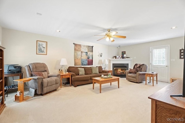 2551 Walkers Ridge Cir, Powhatan, VA 23139 - carpeted living area featuring ceiling fan, a warm lit fireplace, and recessed lighting