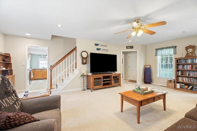 2551 Walkers Ridge Cir, Powhatan, VA 23139 - living area featuring a ceiling fan, stairway, light carpet, and recessed lighting