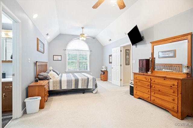 2551 Walkers Ridge Cir, Powhatan, VA 23139 - bedroom with light colored carpet, lofted ceiling, ensuite bathroom, and ceiling fan