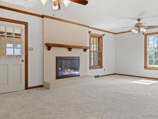 2340 Scarsborough Dr, North Chesterfield, VA 23235 - unfurnished living room with a ceiling fan, carpet flooring, a fireplace, and crown molding
