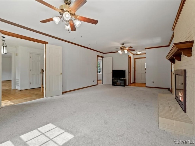 2340 Scarsborough Dr, North Chesterfield, VA 23235 - unfurnished living room with light carpet, ceiling fan, a brick fireplace, and crown molding