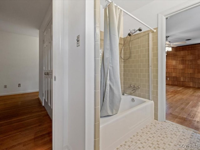 2340 Scarsborough Dr, North Chesterfield, VA 23235 - bathroom featuring shower / tub combo, wood finished floors, and ceiling fan