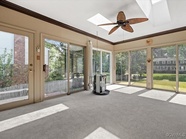 2340 Scarsborough Dr, North Chesterfield, VA 23235 - unfurnished sunroom featuring carpet, a skylight, plenty of natural light, and ornamental molding
