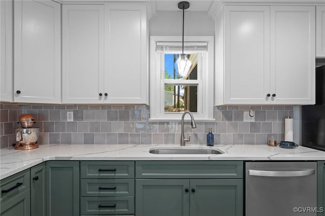 611 Queensway Rd, North Chesterfield, VA 23236 - kitchen featuring stainless steel dishwasher, green cabinetry, backsplash, white cabinetry, and pendant lighting