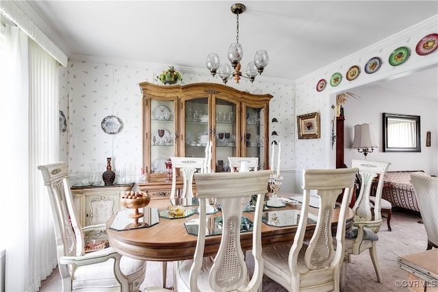 4601 Helena Cir, Petersburg, VA 23803 - dining area with wallpapered walls, a chandelier, ornamental molding, and light colored carpet