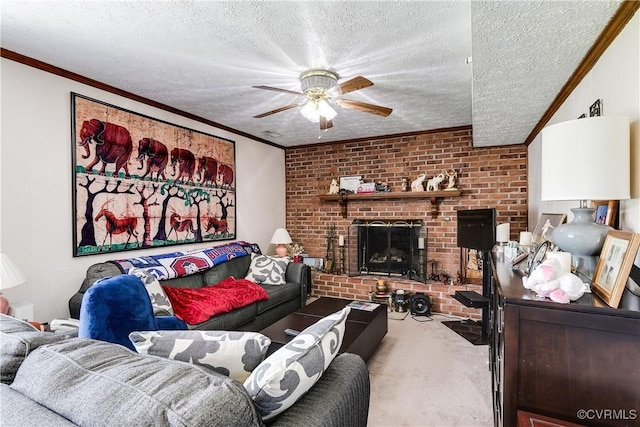 4601 Helena Cir, Petersburg, VA 23803 - living room with ceiling fan, carpet floors, a textured ceiling, ornamental molding, and a brick fireplace
