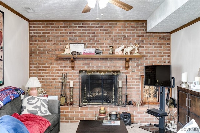 4601 Helena Cir, Petersburg, VA 23803 - carpeted living room featuring a textured ceiling, a ceiling fan, ornamental molding, and a fireplace