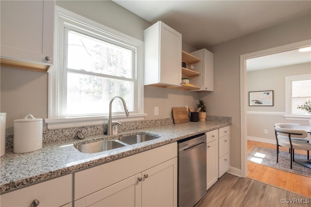 1117 Penobscot Rd, Henrico, VA 23227 - kitchen featuring dishwasher, light wood finished floors, white cabinetry, light stone counters, and open shelves