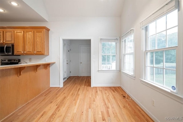 17220 Dawn Ct, Amelia Courthouse, VA 23002 - kitchen featuring appliances with stainless steel finishes, healthy amount of natural light, light wood finished floors, brown cabinets, and recessed lighting
