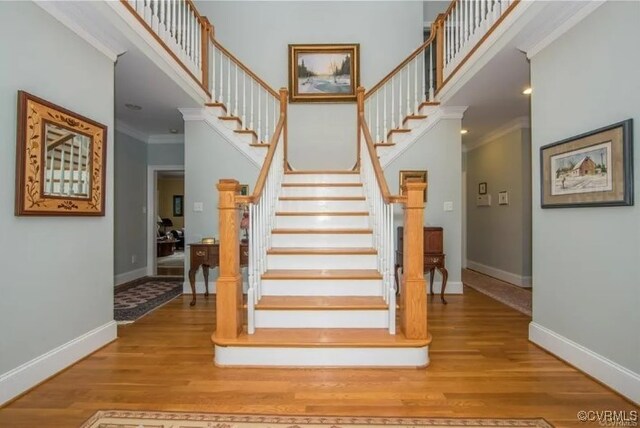 1638 Fallen Timber Trl, Powhatan, VA 23139 - stairway with crown molding, wood finished floors, and a towering ceiling