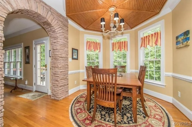 1638 Fallen Timber Trl, Powhatan, VA 23139 - dining space with a chandelier, plenty of natural light, light wood-style floors, arched walkways, and wooden ceiling
