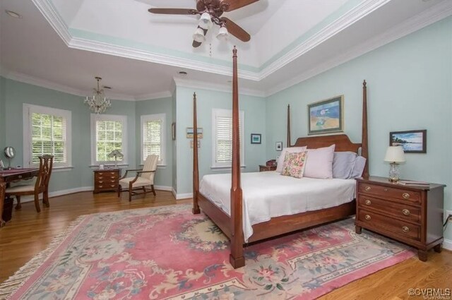 1638 Fallen Timber Trl, Powhatan, VA 23139 - bedroom featuring light wood-style floors, a raised ceiling, ornamental molding, and a chandelier