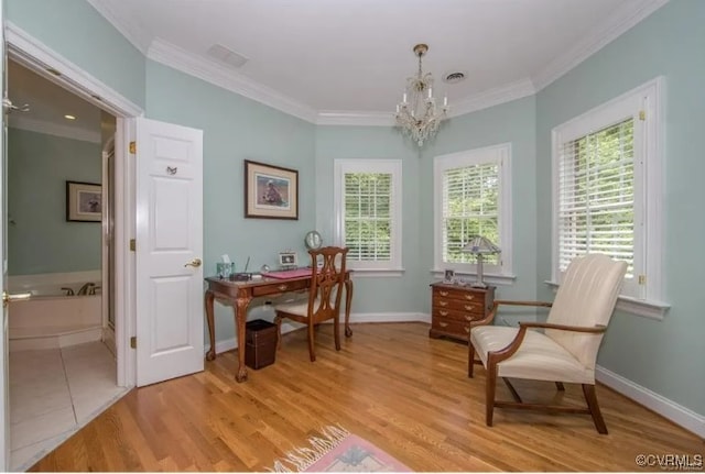 1638 Fallen Timber Trl, Powhatan, VA 23139 - sitting room with ornamental molding, a desk, light wood-style floors, and a chandelier