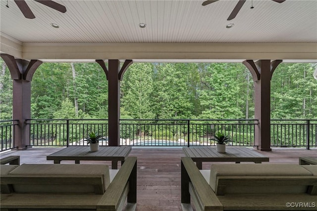 923 Merchant Lee Pl, Manakin Sabot, VA 23103 - wooden deck featuring ceiling fan, an outdoor hangout area, and a view of trees