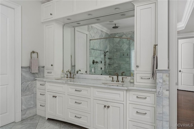 923 Merchant Lee Pl, Manakin Sabot, VA 23103 - full bath featuring crown molding, a stall shower, and double vanity