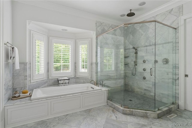 923 Merchant Lee Pl, Manakin Sabot, VA 23103 - bathroom with ornamental molding, a garden tub, a stall shower, and marble finish flooring