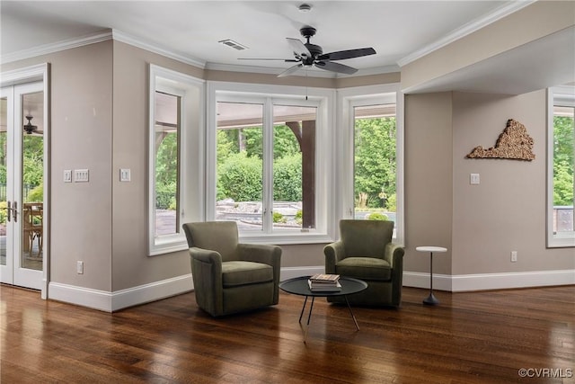 923 Merchant Lee Pl, Manakin Sabot, VA 23103 - living area featuring healthy amount of natural light, wood finished floors, a ceiling fan, and ornamental molding
