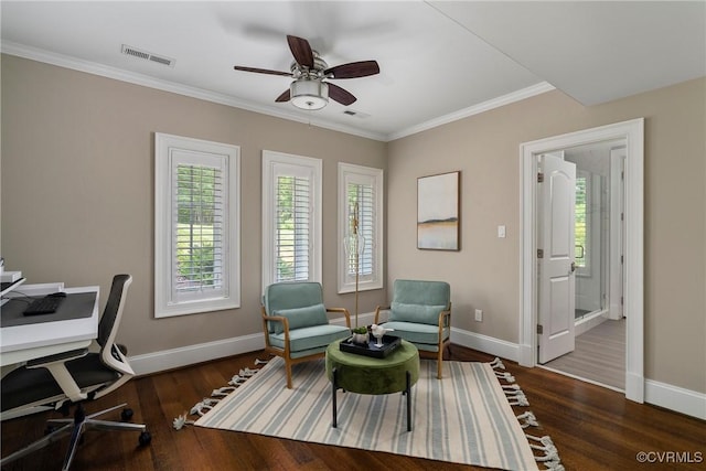 923 Merchant Lee Pl, Manakin Sabot, VA 23103 - office area featuring plenty of natural light, wood finished floors, ornamental molding, and a ceiling fan