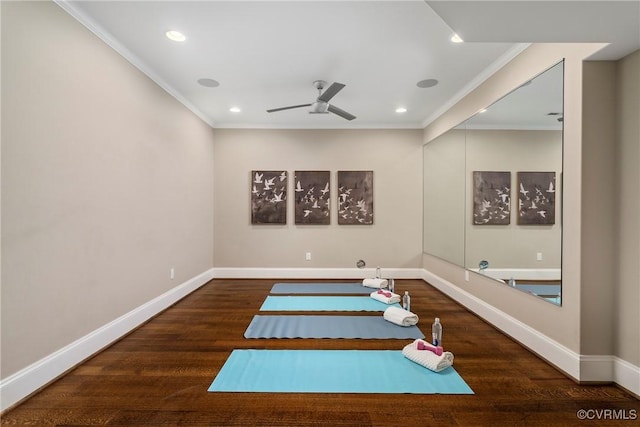 923 Merchant Lee Pl, Manakin Sabot, VA 23103 - workout room featuring crown molding, a ceiling fan, recessed lighting, and wood finished floors