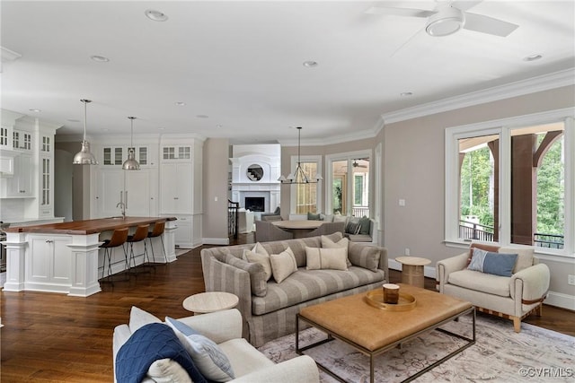 923 Merchant Lee Pl, Manakin Sabot, VA 23103 - living room with dark wood-type flooring, a ceiling fan, a fireplace, recessed lighting, and crown molding