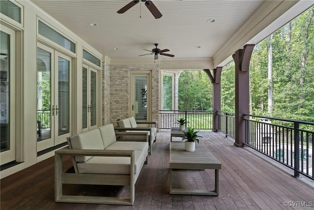 923 Merchant Lee Pl, Manakin Sabot, VA 23103 - wooden terrace featuring french doors, a ceiling fan, and an outdoor living space