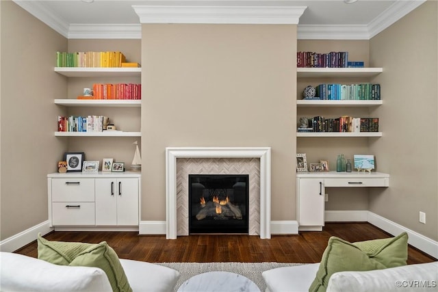 923 Merchant Lee Pl, Manakin Sabot, VA 23103 - living room featuring dark wood-style floors, crown molding, and a fireplace