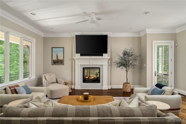 923 Merchant Lee Pl, Manakin Sabot, VA 23103 - living area with wood finished floors, a ceiling fan, a glass covered fireplace, crown molding, and recessed lighting
