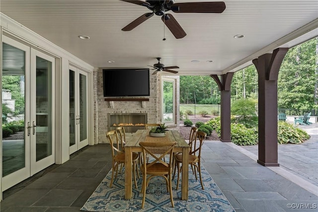 923 Merchant Lee Pl, Manakin Sabot, VA 23103 - view of patio featuring french doors, an outdoor brick fireplace, and a ceiling fan