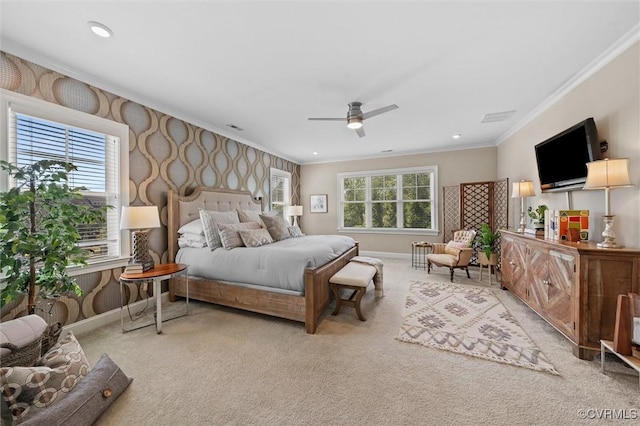 5154 Lake Summer Loop, Moseley, VA 23120 - bedroom featuring carpet, crown molding, wallpapered walls, a ceiling fan, and recessed lighting